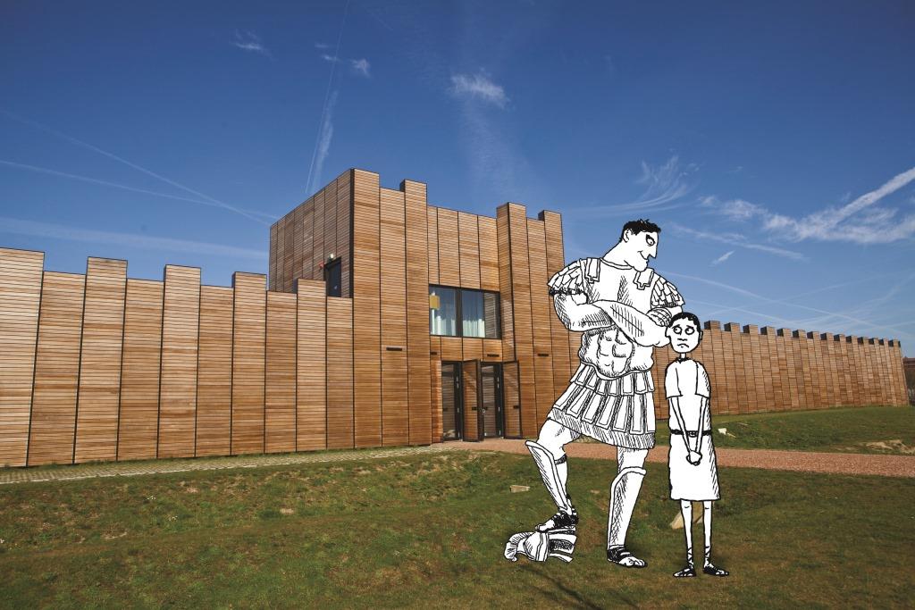 Nurdius-castellum-hoge-woerd Fictief figuur Nurdius Maximus en zijn broer Spierus (getekend) zijn voor de ingang van Castellum Hoge Woerd (foto)