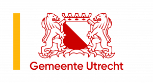 Logo van de Gemeente Utrecht. Het logo bevat het stadsschild met twee leeuwen aan weerszijden, de naam Gemeente Utrecht en een geel accent.