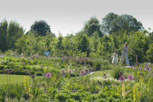 Foto van deel van het Maximápark: je ziet een volwassene en een kind in een groene tuin vol gekleurde bloemen. Bron: https://www.visit-utrecht.com/locations/2713556086/maximapark